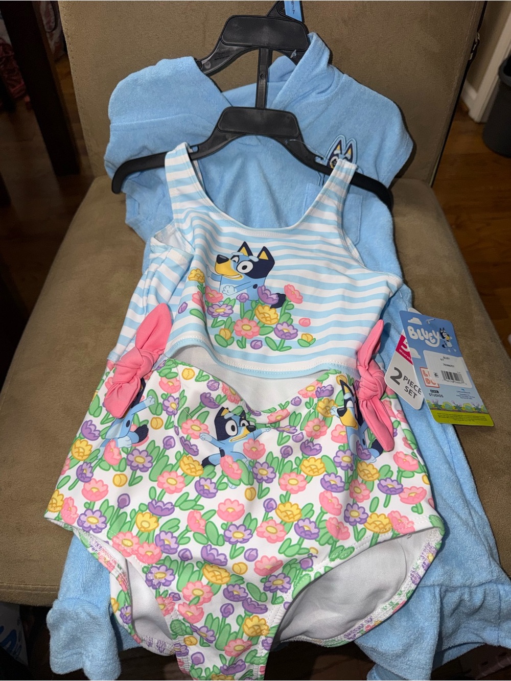 Bluey Girls' Floral One-Piece Swimsuit in Light Blue and Pink